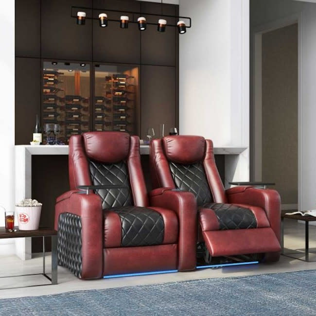 Monaco Home Theater Seating Italian Leather All Black Or Black/Red As Shown Quickship Option